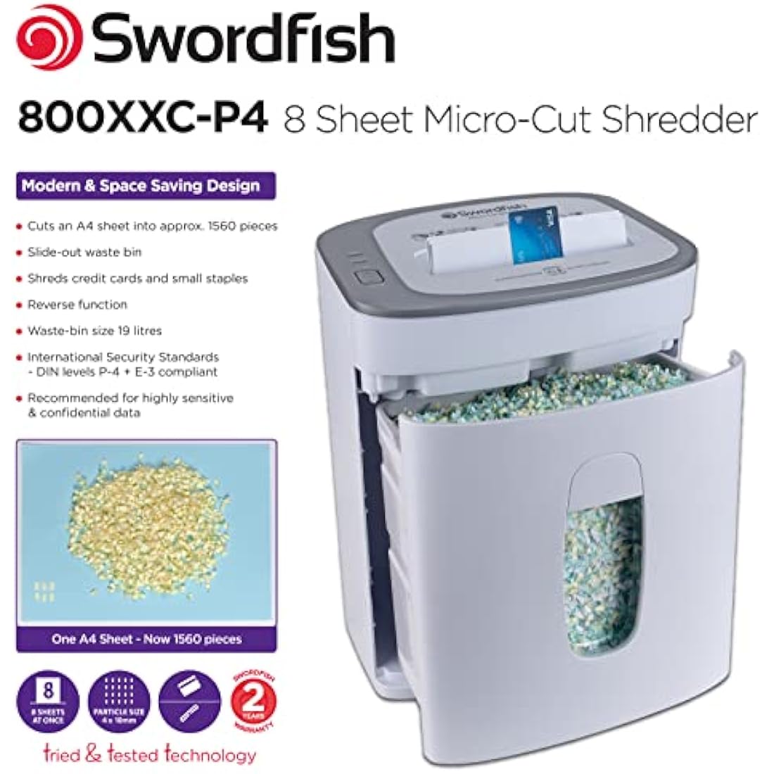 SWORDFISH 800XXC-P4 Micro Cut High Security Paper/Document Shredder [40388], White
