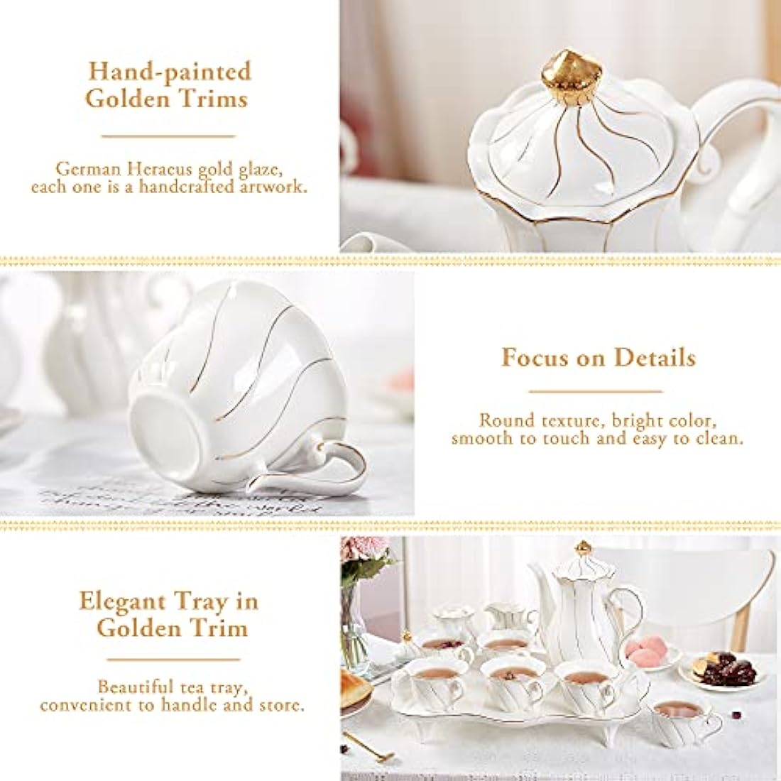 DUJUST 14 pcs Tea Set of 6 with Tea Tray & Spoons, Luxury British Style Tea/Coffee Cup Set with Golden Trim, Porcelain Tea Set for Living Room Decor, Tea Party Set, Gift Package - White