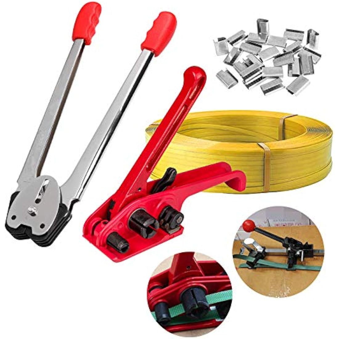 Complete PET/PP Strapping Tools Kit – Manual Banding Set with Tensioner, Sealer, 100m Belt & Seals for 1/2"-3/5" Poly Straps