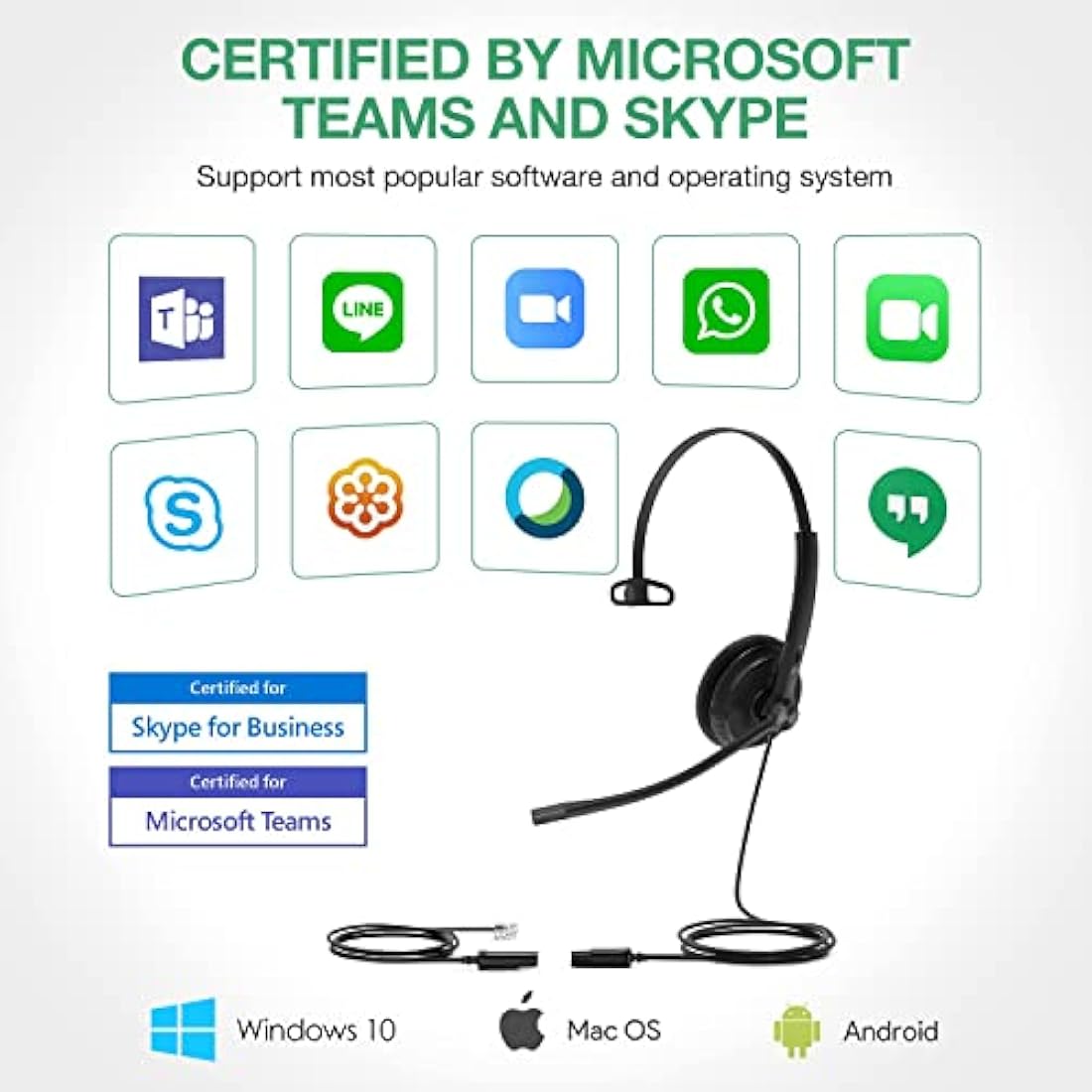 Yealink Phone Headsets for Office Phones YHS34 Lite QD to RJ9 Wired Headset Compatible with Poly Avaya Snom Grandstream Phones Desk Landline Headset with Microphone -Mono/72g/2.1m Cable