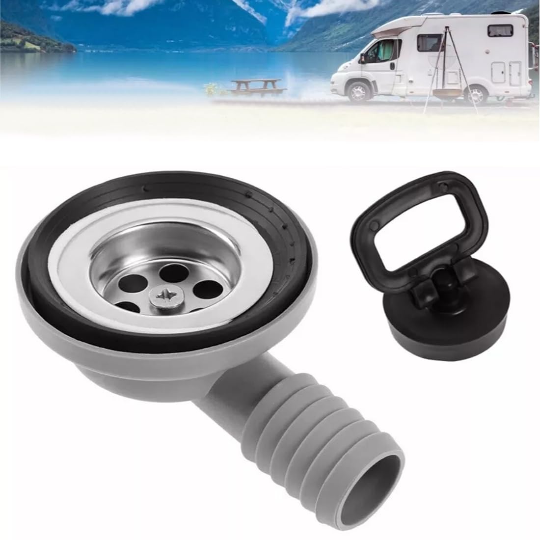 FiTspi 56mm 2.2" Sink Waste Drain Plug Hole Angle Fitting, Drain Pipe Sink Filter Drainer with Sealing Cover for Boat Caravan Motorhome RV