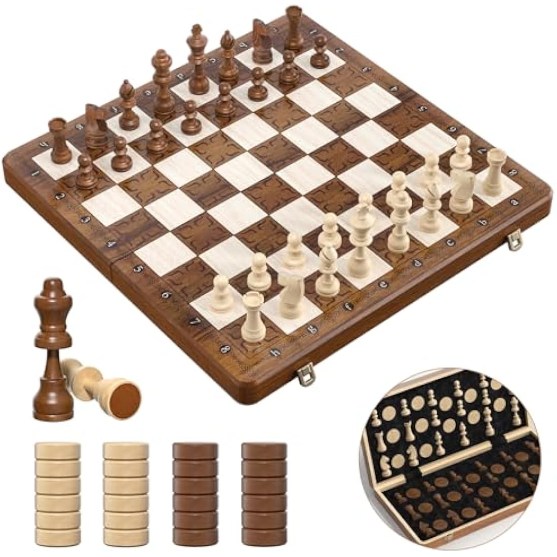 Sarr Klith Chess Set and Checkers 2IN1, 16" Wooden Magnetic Chess Board for Adults Kids, Foldable Travel Chess Set with 2 Extral Queen, Chess Gift Toys for Boys Girls