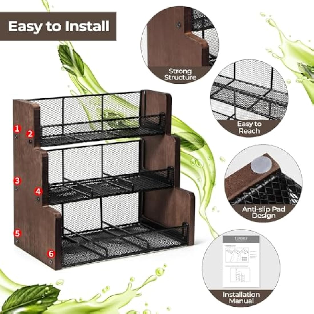 THYGIFTREE 3 Tier Tea Bag Holder, Tea Bag Storage, Solid Wood Tea Bag Organizer Box for Kitchen, Office, Countertop,Sugar Packets, Creamers Holder(Black)