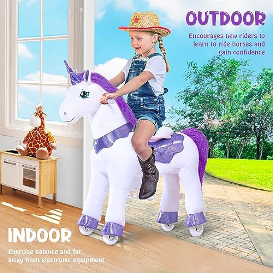 PonyCycle Essential Model E Ride on Unicorn Kids Scooter with Brake (Purple/Size 3 for Age 3-4) Pony Cycle Toddler Rocking Unicorn Mechanical Riding Toy - E313