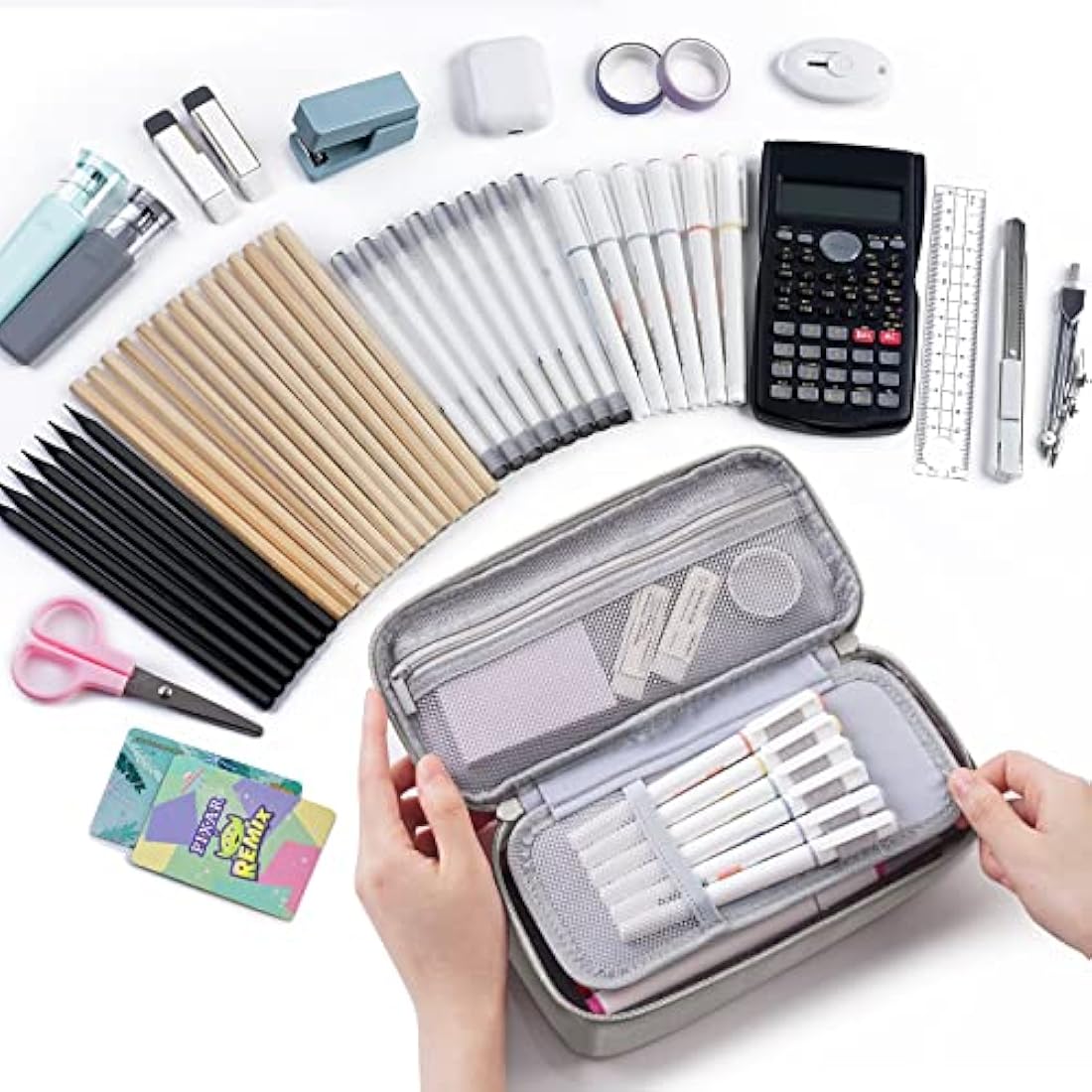 WEMATE Large Pencil Case Aesthetic,Big Capacity Canvas Pencil Pouch with Zipper, Pencil Case for Women & Men, Marker Pen Case,Portable Stationery Pencil Bag for Office Light Grey
