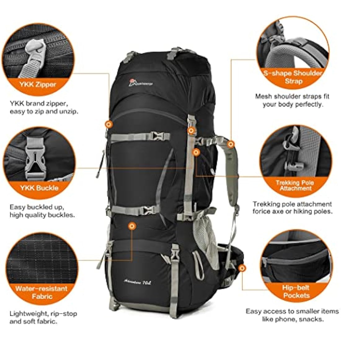 MOUNTAINTOP 70L Hiking Backpack water-resistant Internal Frame Backpacks Large Trekking Mountaineering Rucksack with Rain Cover for Men Women Cover Outdoor