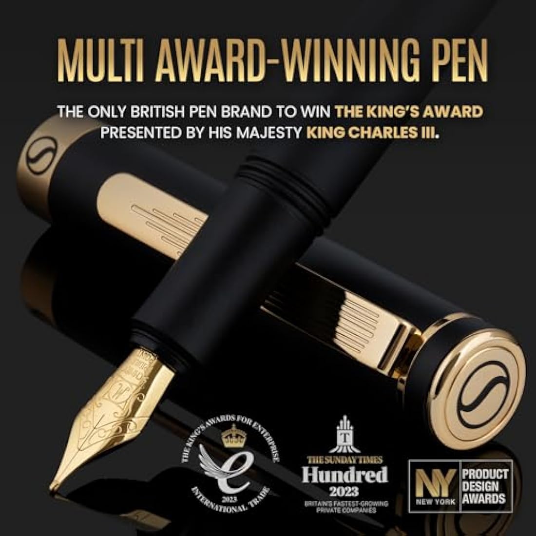 Scriveiner Luxury EDC Fountain Pen (Fine), Stunning Black Pocket Pen, Real Gold Plating, Schmidt Gilded Nib, Converter, Best Writing Pen Gift Set for Men & Women, Nice Fancy Office Designer Pen
