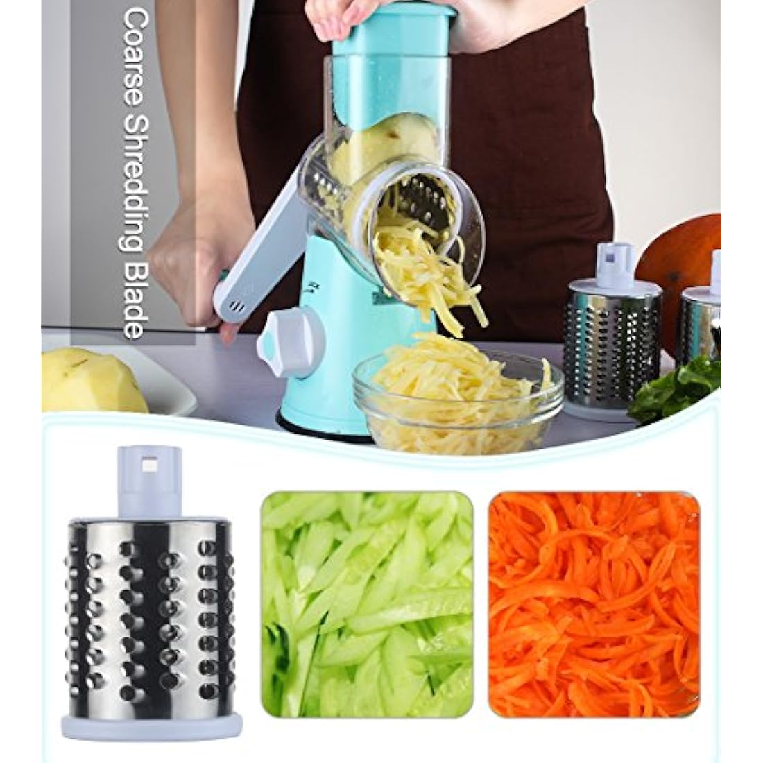 Ourokhome Rotary Cheese Grater Chopper - Vegetable Mandoline Slicer with 3 Interchangeable Ultra Sharp Cylinders Stainless Steel Blades（Blue）