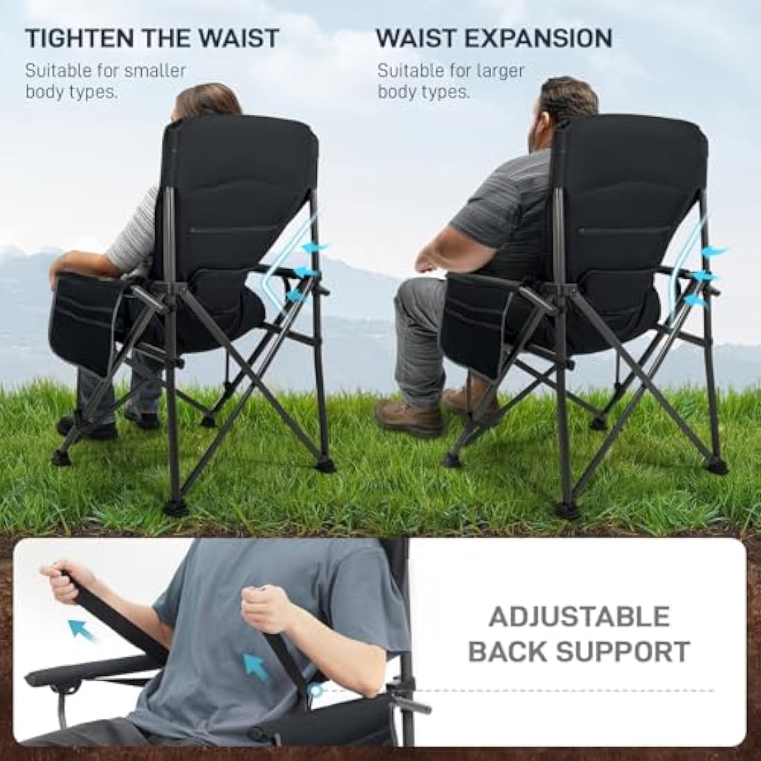 EVER ADVANCED Oversized Folding Camping Chair for Adults with Adjustable Lumbar Support, Heavy Duty Chair with Side Pockets, Portable Collapsible Quad Chairs for Outside, Support Up to 230KG,Black
