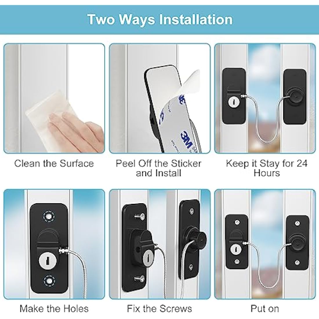 Window Safety Lock Black AOSITE 2 Packs Versatile Window Restrictor Self Adhesive for UPVC No Drilling Window Locks, Refrigerator Lock with Key Child Pet Child Safety Cable Lock for Childproof