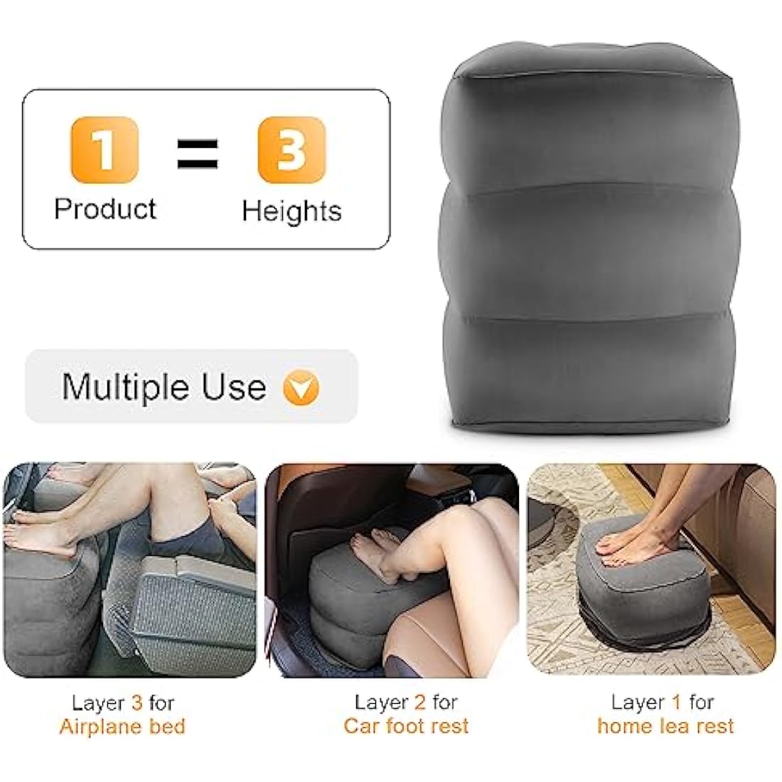 Maliton Airplane Footrest, Inflatable Foot Rest for Kids, Adjustable Height Travel Pillow On Airplanes, Cars, Office, Toddler Travel Essentials (Dark Grey, 2 Pack