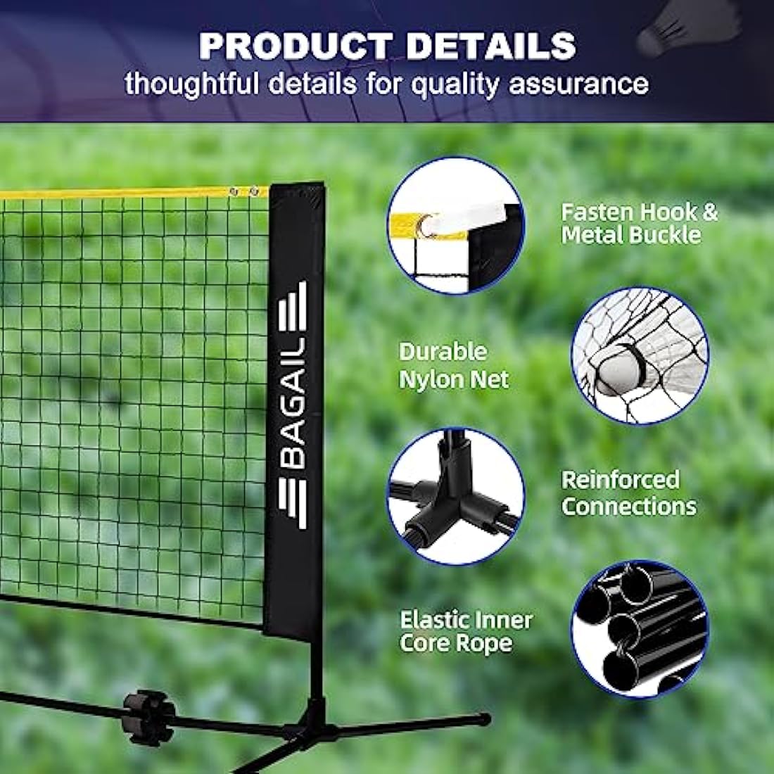BAGAIL Badminton Net, Foldable Nylon Net, Hieght Adjustable Stand and Portable Carry Bag, Easy to Assemble or Disassemble, Ideal Recreational Sports Net for Tennis, Kids Badminton or Volleyball