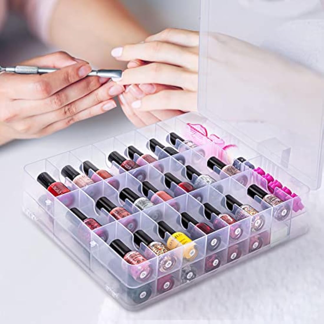 DreamGenius Portable Nail Polish Clear Organizer for 48 Bottles, Double Side and Locking Lids Gel Polish Storage Holder, Space Saver with 8 Adjustable Dividers