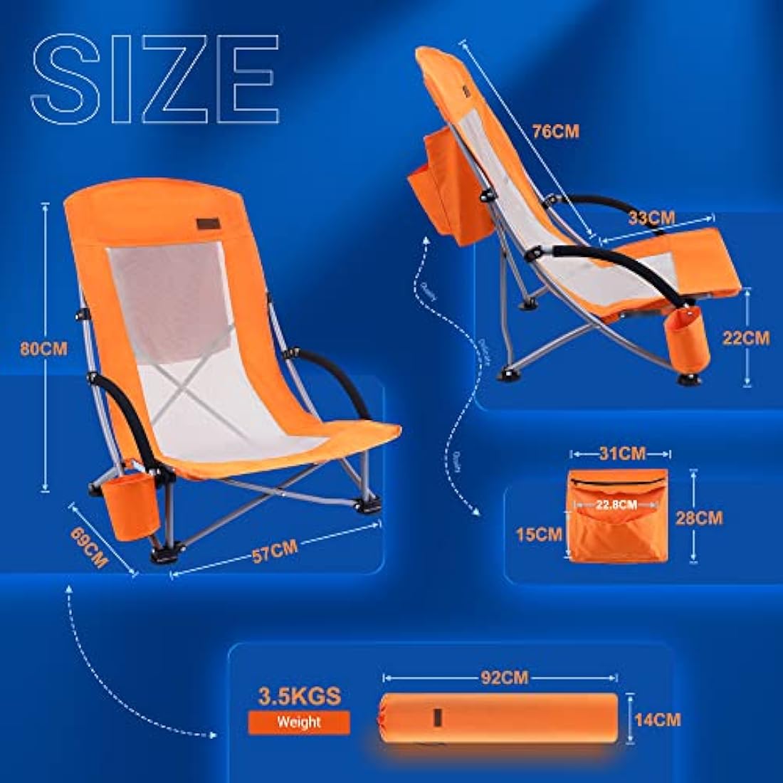 Nice C Beach Camping Chair, Folding Chair w/Cooler High Back, Ultralight Chair with Cup Holder & Carry Bag Compact & Heavy Duty Outdoor, Camping, BBQ, Beach, Travel, Picnic, Festival (2 Of Orange)