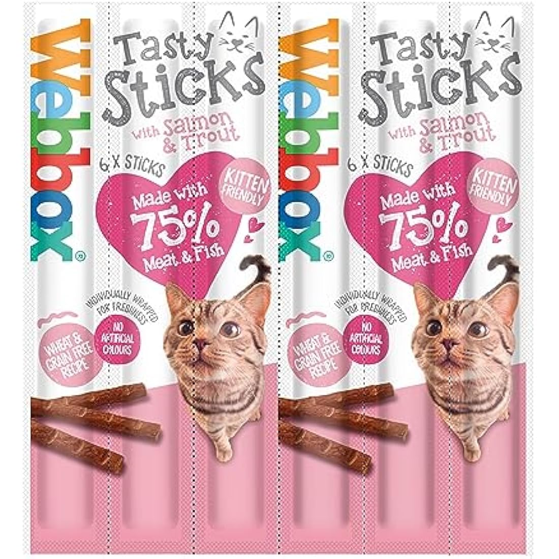 Webbox Tasty Sticks Cat Treats, Salmon and Trout - Kitten Friendly, Wheat and Grain Free, No Artificial Colours (25 x 6 Packs)