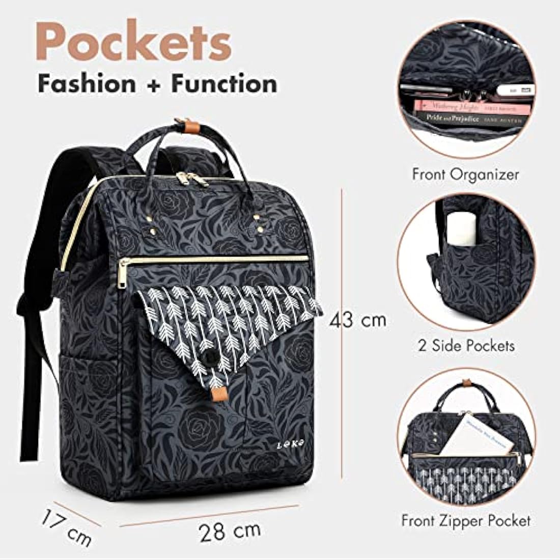 Lekesky Laptop Rucksack Bag15.6 Inch Computer Backpack School Bag for Travel Business College Women Men-Black Rose