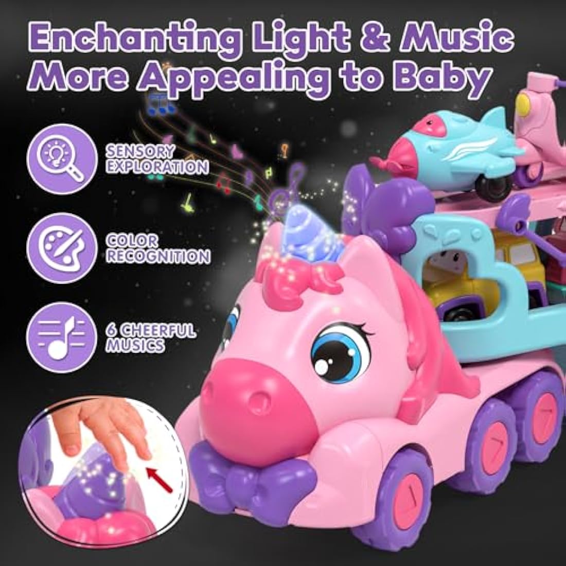 Lehoo Castle Toddler Toys for 1 2 3 Year Old Girls, Unicorn Gifts for Girls, 2 Year Old Cars Toys for kids, Birthday Gifts Carrier Truck with Light & Music
