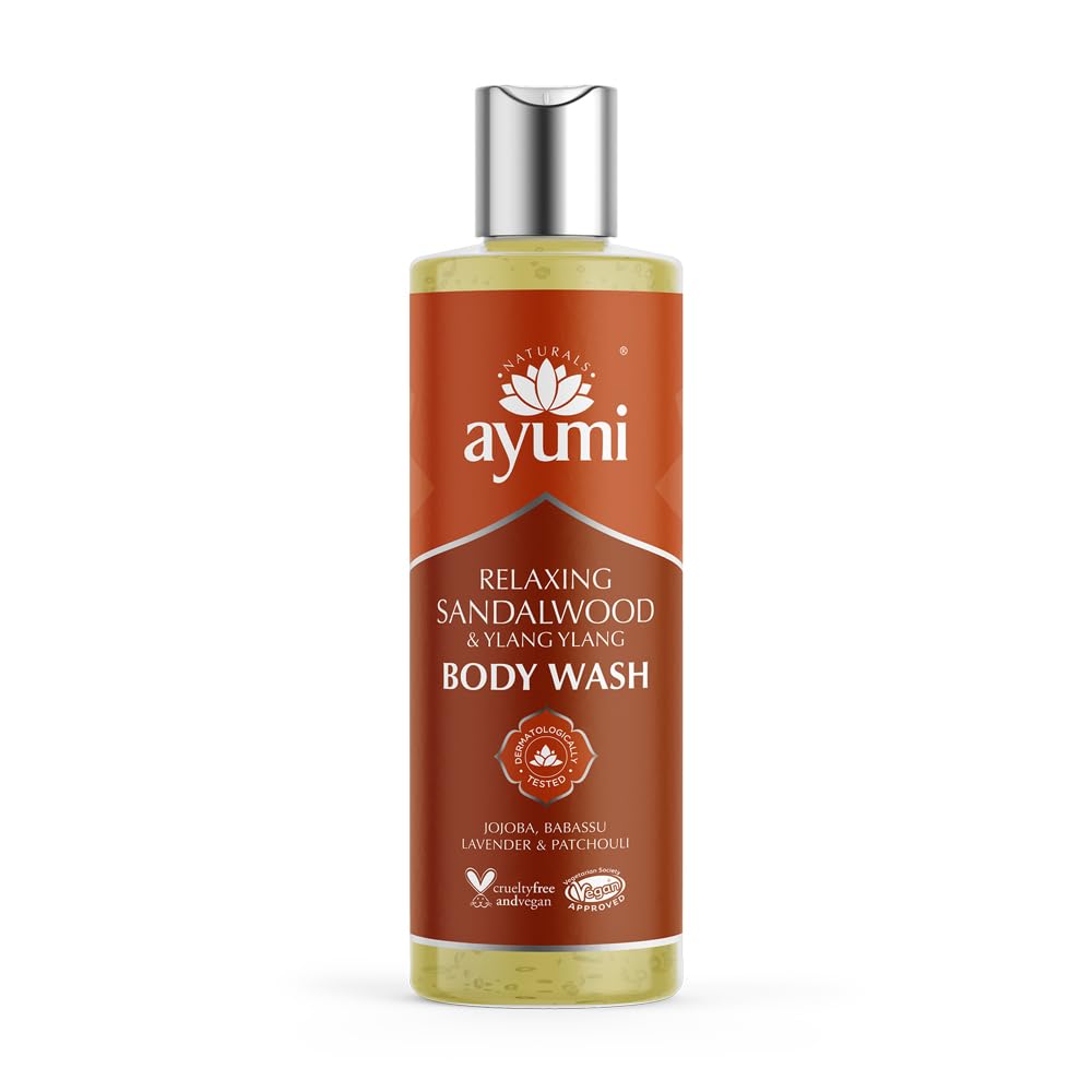 Ayumi Sandalwood Shower Gel | Dry Skin Body Wash with Jojoba | Sensitive Body Wash to Soothe Irritation | Hydrating Cleanser with Patchouli | Natural