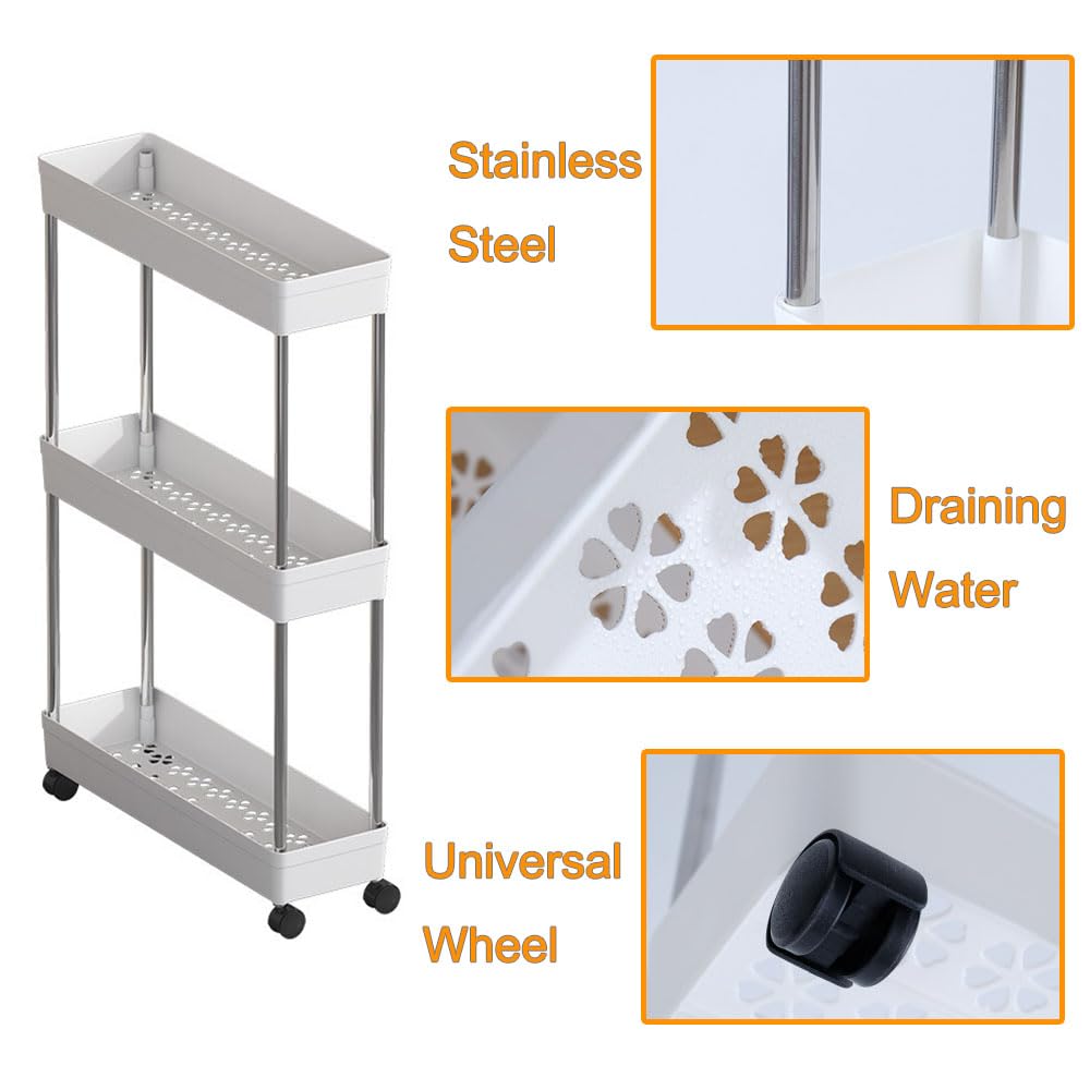 4-Tier Narrow Slim Storage Trolley Cart Slide-out Utility Mobile Shelving Space Organizer Shelf Rack Storage Cart on Wheels for Kitchen Bathroom