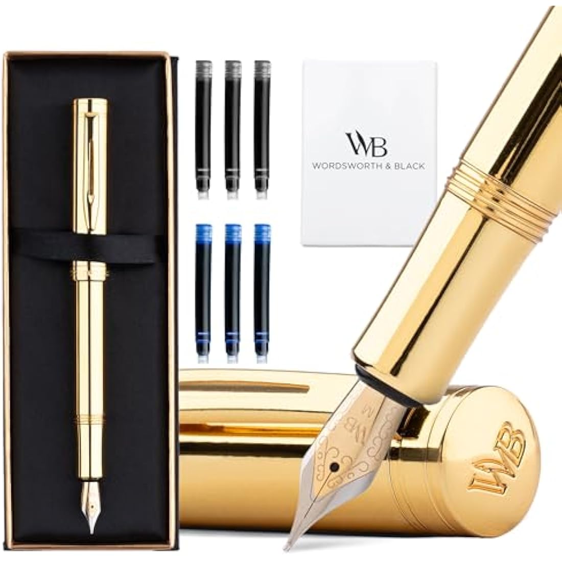 Wordsworth and Black Fountain Pen Mini EDC: Luxury Gold Heavy Pocket Pen, Gold Finish, Medium Nib, 6 Ink Cartridges, Ink Converter, Travel Refillable Writing Pen Gift Set, Men & Women