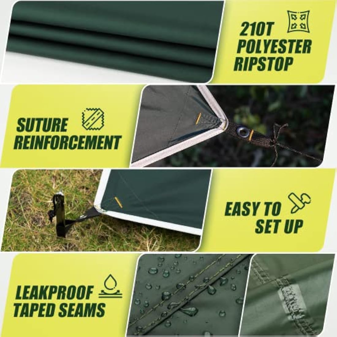 Bessport Camping Tent Tarp 3m x 3m/3m x 4m Waterproof PU3000 mm with Eyelets & 6 Aluminium Stakes & 8 Nylon Ropes, Anti-UV Suitable for Camping, Picnic, Hammock