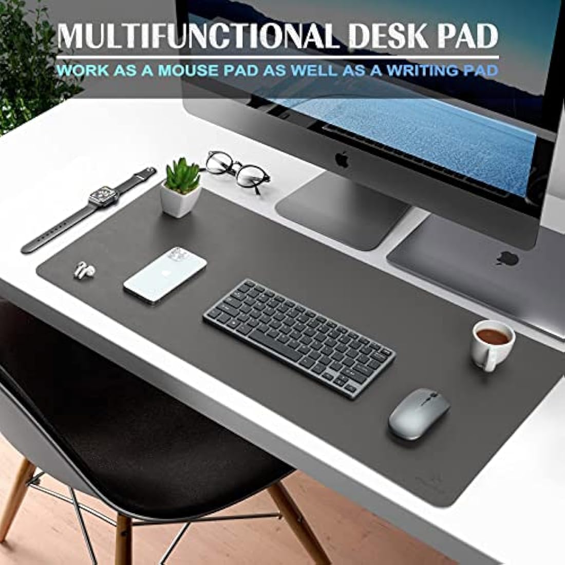K KNODEL Large Office Leather Desk Mat, Mouse and Keyboard Pad, Computer and Laptop Mat, Desktop Protector and Cover, Writing Pad and Blotter (90x43cm, Dark Gray)