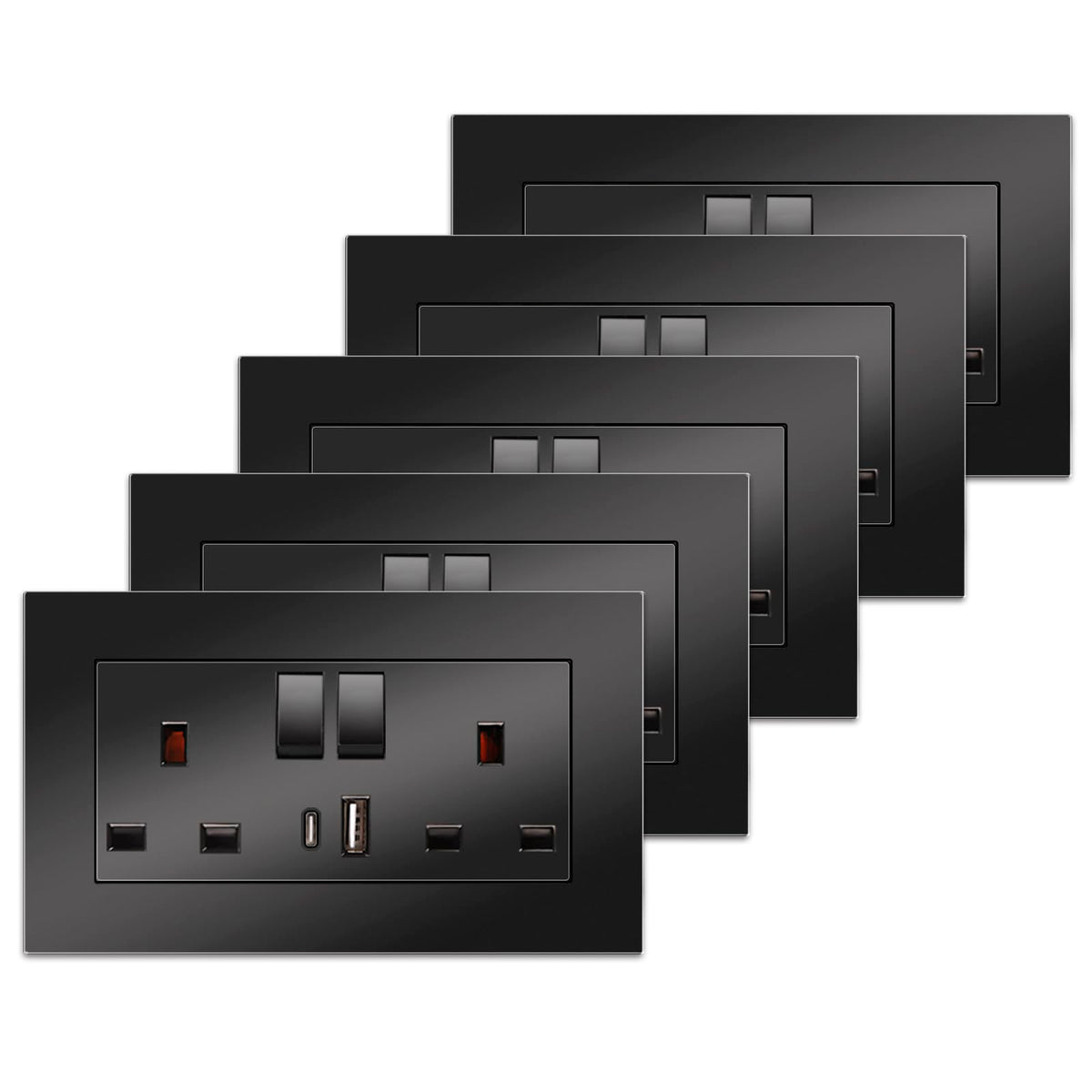 5 Pack CNBINGO Double Switched Power Socket with Dual USB Charging Ports (Type A and C), Black 13 Amp Electric Wall Socket