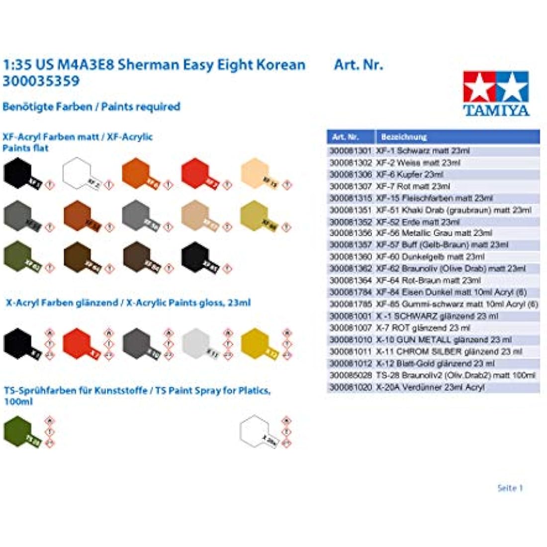 TAMIYA 300035359 Medium Tank Military 1:35 US M4A3E8 Sherman Easy Eight Korean, Multicoloured