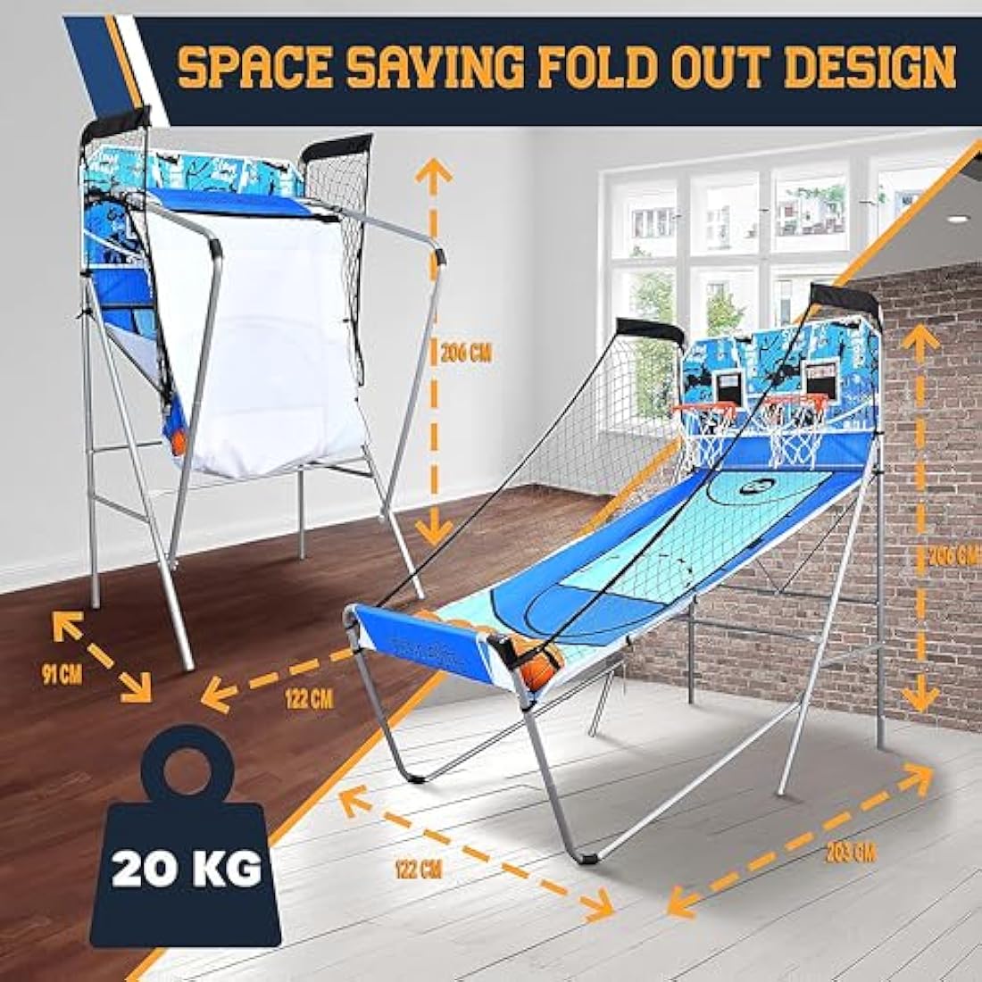 SereneLife Basketball Arcade Game, Foldable Dual Shot Basket Ball Hoop Game, Outdoor Sport Indoor Home Arcade Room w/ Digital LED Scoreboard & Play Timer, Electronic Shooting Machine for Kids & Adults