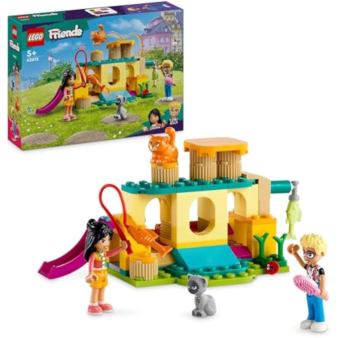 LEGO Friends Cat Playground Adventure, Animal Toy with Figures and Pet Accessories Including a Fish, Gift for 5 Plus Year Old Girls, Boys & Kids, Includes Mini-Doll Characters Olly and Liann 42612
