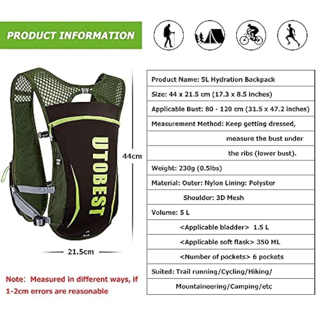 UTOBEST Running Backpacks Lightweight Hydration Pack Functional Running Vest 5L