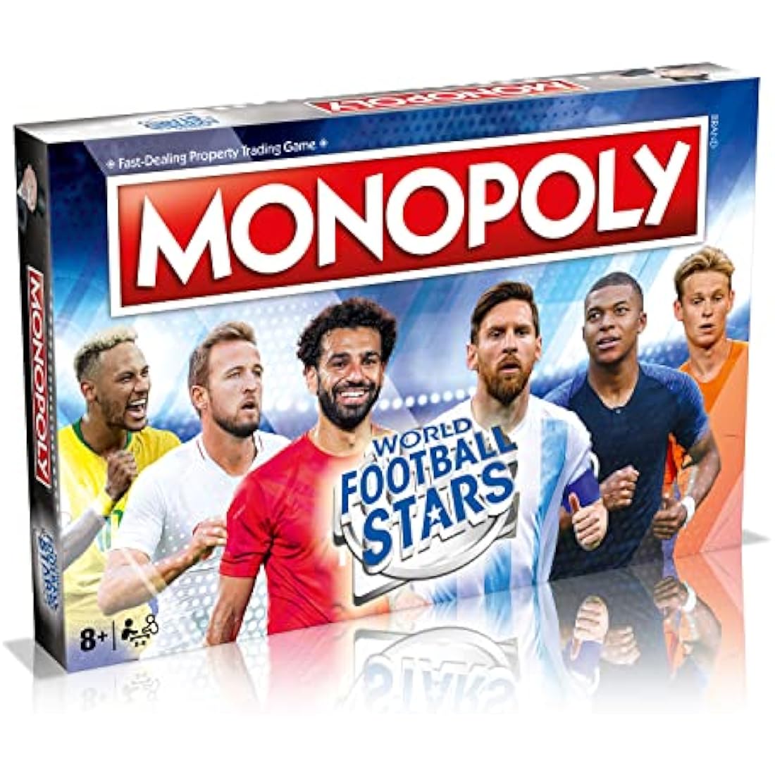 Winning Moves World Football Stars Monopoly Board Game, Play with Cristiano Ronaldo, Lionel Messi, Harry Kane and Salah, gift for ages 8 plus, Blue