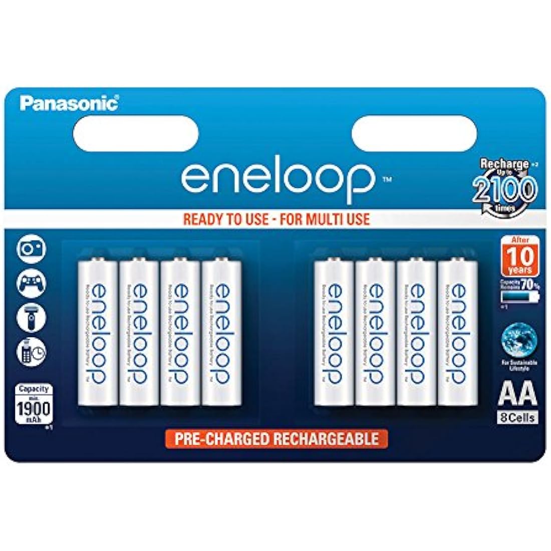 Panasonic eneloop BK-3MCCE/8BE Nickel Metal Hydride AA Batteries, Classic AA 8-Pack, One Size