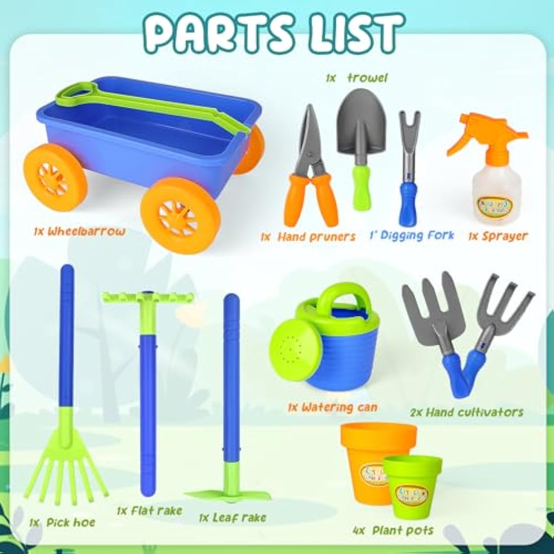 deAO Pull along Kids Wagon Wheelbarrow and Gardening Tools Play Set Includes 10 Accessories and 4 Plant Pots