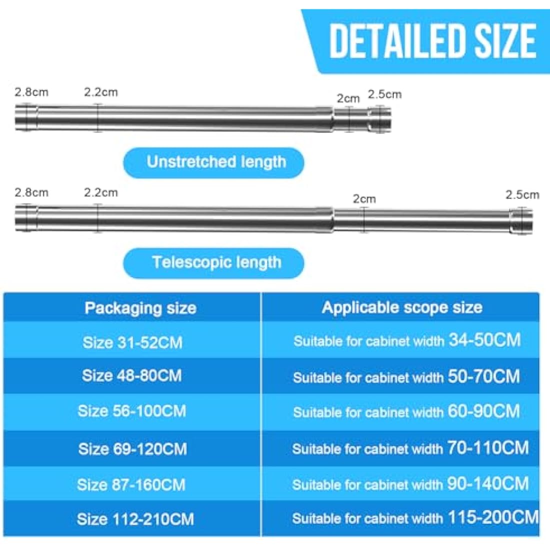 WAENLIR 112cm-210cm Extendable Stainless Steel Wardrobe Rail, Adjustable Clothes Rail Pole With End Sockets.