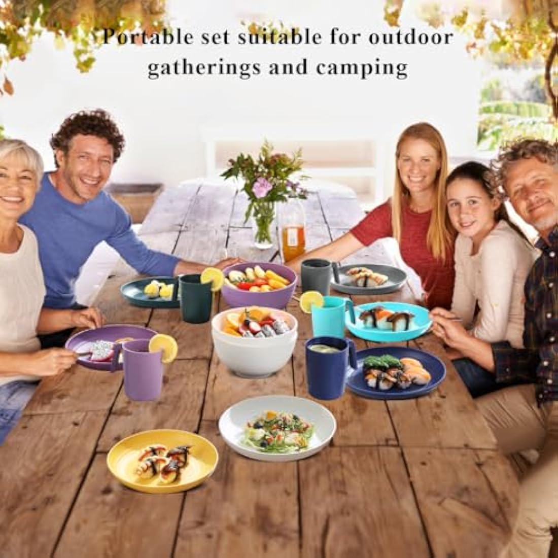 Kyraton Plastic Dinnerware Sets of 32 Pieces Service for 8, Unbreakable and Reusable Light Weight Plates Mugs Bowls Dishes Easy to Carry and Clean Microwave Safe BPA Free Dishwasher Safe