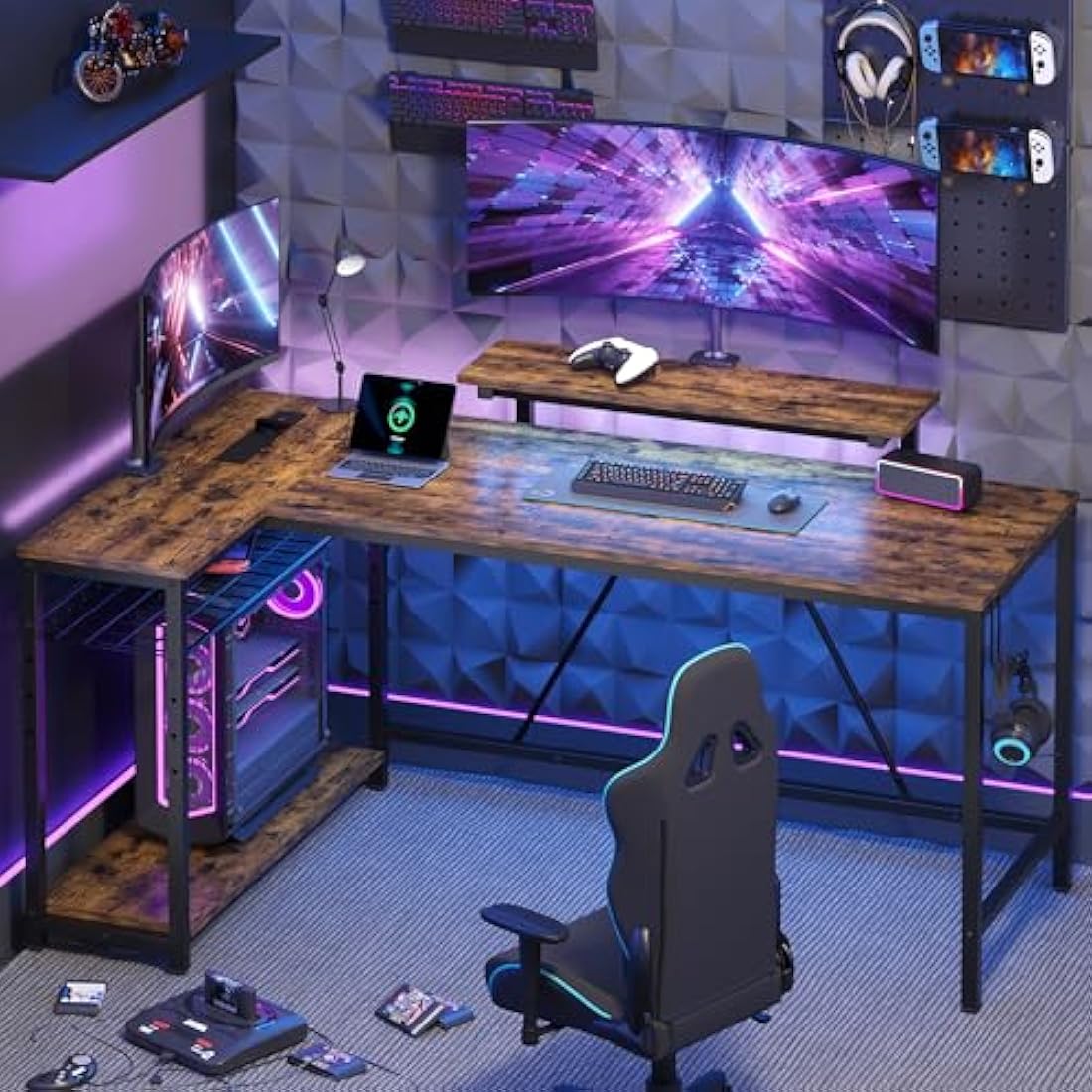 Bestier 147CM L-Shaped Desk with Power Outlets & LED Lights, Reversible Corner Computer Desk with Shelves & Hooks for Home Office or Bedroom Study