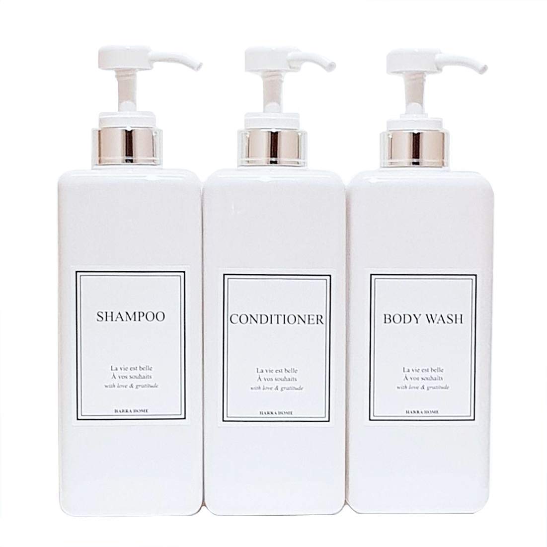 HARRA HOME Modern Gold Design Pump Bottle Set 27 oz Refillable Shampoo and Conditioner Dispenser Empty Shower Plastic Bottles with Pump for Bathroom