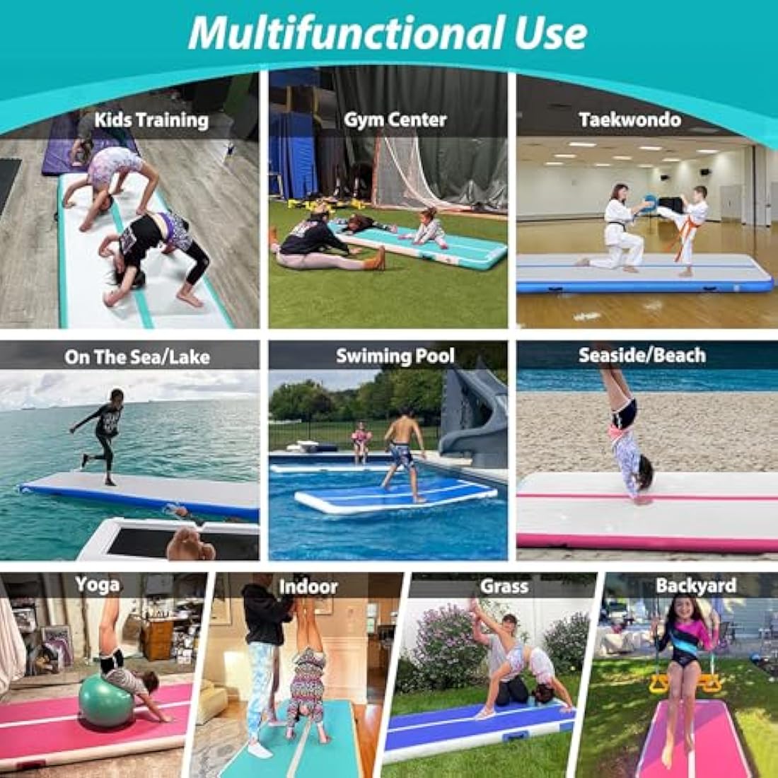 MEKETUM Air Tumble Track Gymnastic Mat Inflatable 6.6ft 10ft 13ft 16ft 4/8 Inch Thickness Gym Tumbling Floor Mats with Air Pump for Home Use/Cheerleading/Yoga/Dance/Water Fun