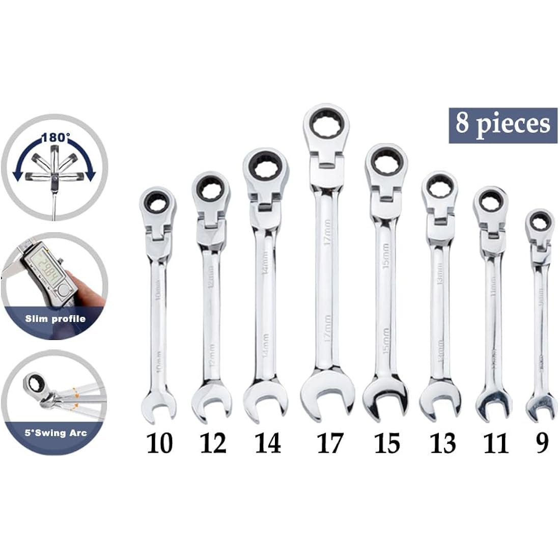 Qnkaa Flexible Ratchet Wrench Set 8pcs 9-17mm Spanner Gear Ring Ratcheting Combination Flexi Wrenches Kit Metric Flex Head