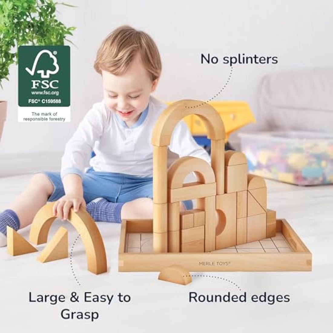Merle Toys® Premium Wooden Building Blocks for Kids – Large Wooden Blocks for Creative Play, Plain Wooden Blocks for Kids, Rounded Edges for Safe Play, 100% FSC-Certified Wood, Ages 2+, 30-Piece Set