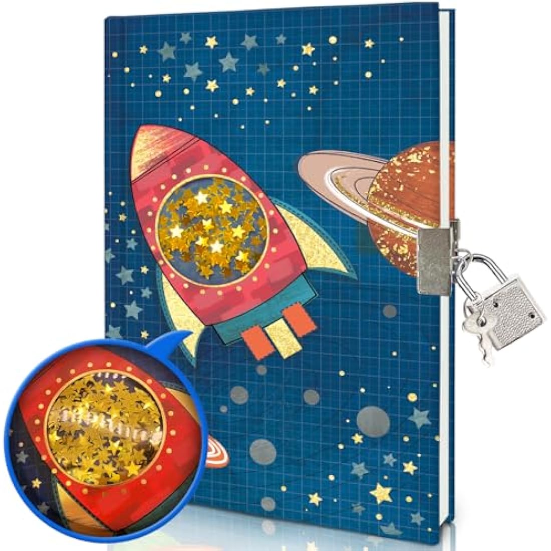 GINMLYDA Secret Diary with Lock for Boys, 7x5.25 Inches 160 Lined Pages Shakable Sequin Boy Diary Spacecraft Journal for Kids Notebook Boys Gifts for Birthday Presents Toys 5 6 7 8 9 10 Year Old