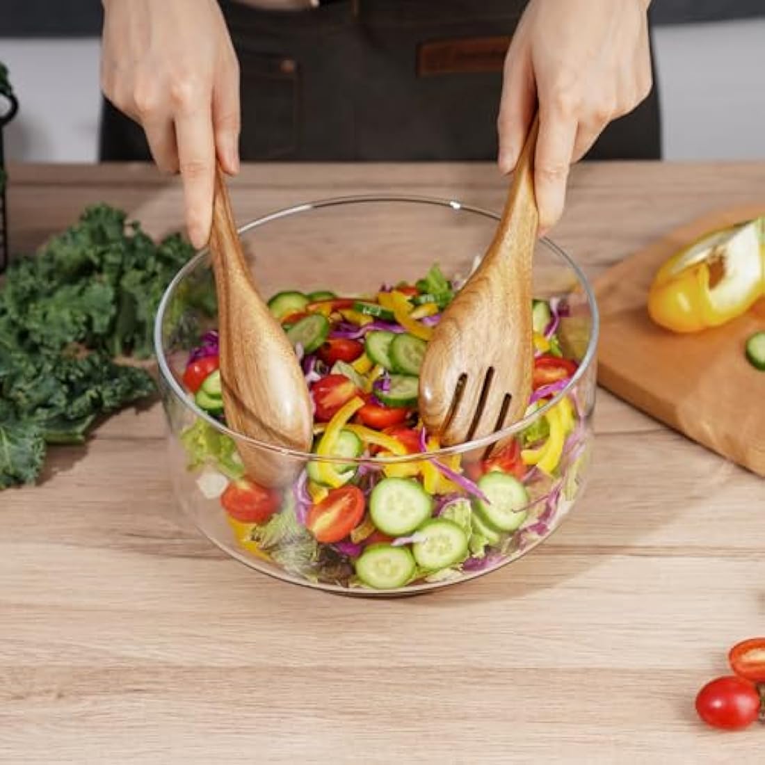 NiHome Large 3600ML Glass Salad Bowl with Acacia Wood Salad Tongs, Enhanced Stability Design, Versatile Serving Bowl for Salads, Fruits, Ideal for Gatherings & Daily Family Dining
