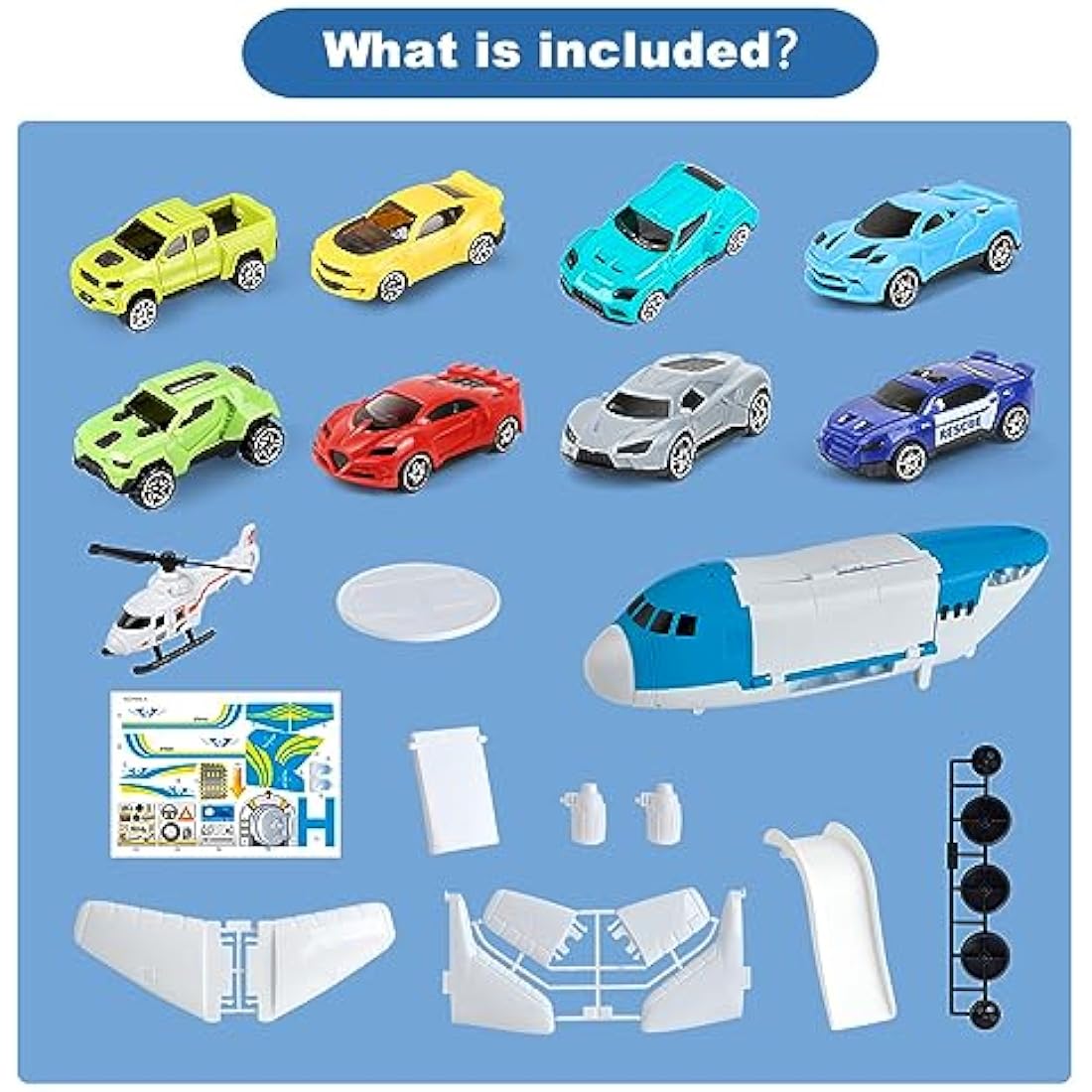 kramow Toy Cars for 3 Year Old Boys, Car Toys Set, Aeroplane Toys, Transport Airplane with 7 Sports Cars, 1 Off-Road Car, 1 Helicopter, Cargo Plane Toy Gifts for Kids Boys Girls age 3 4 5 6