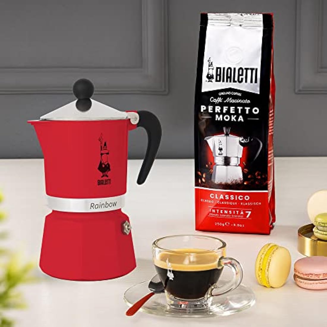 Bialetti Rainbow Caffettiera Colorata, Alluminio, Rossa, 3 Tazze,Red,30 x 20 x 15 cm