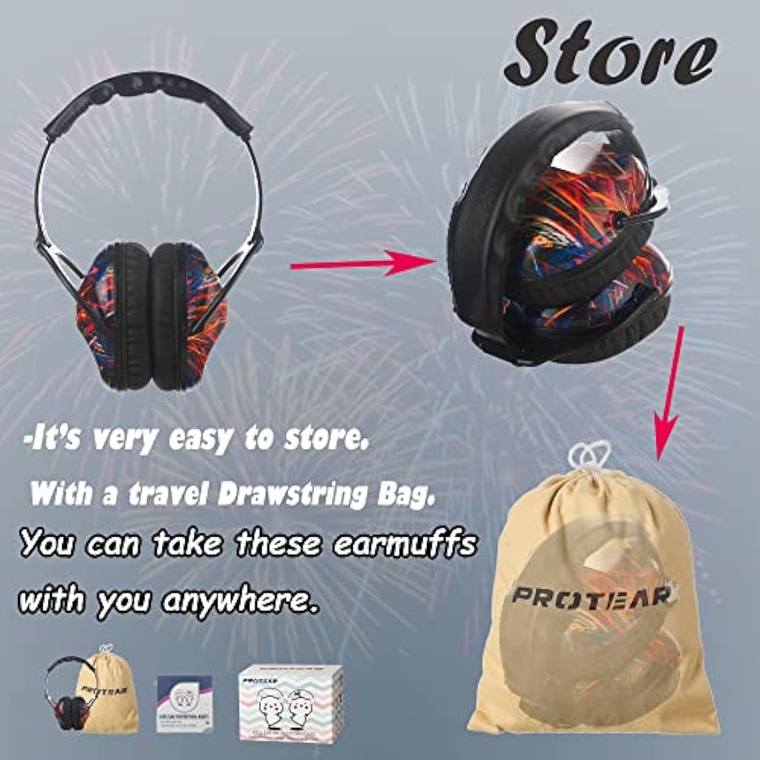PROTEAR SNR 28 dB Ear Defenders for Kids- Hearing Protection Muffs for Children Have Sensory issues or Autism, Perfect for Fireworks,Flights,Sports(Black Fireworks)