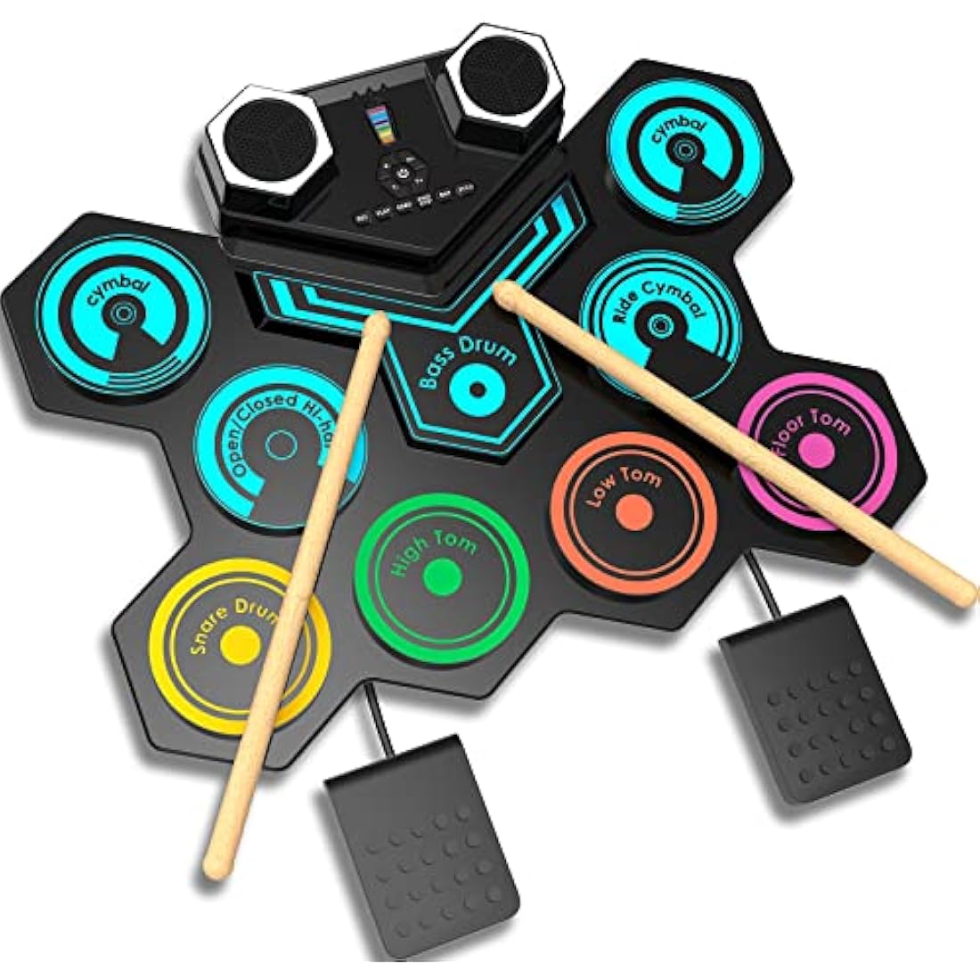 Portable Electric Drum Kit, CNAPXAIA Foldable Kids Drum Pad with Build-in Stereo Speakers, Foot Pedals, Drum Sticks, 9 Pads Silicone Electronic Drum Set for Kids Adult Beginner RAINBOW