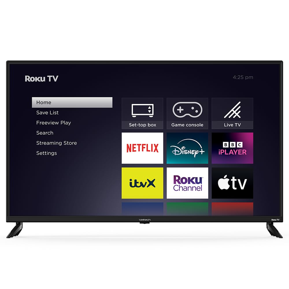 VELTECH 43 Inch Smart TV 4K ? UHD Roku TV with Freeview, Netflix, Apple TV+, BBC iPlayer, HDR, Dolby Audio, Voice Control, HDMI, USB ? Smart TV for