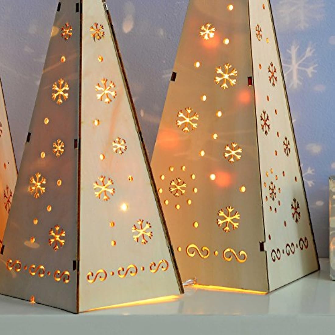 WeRChristmas Wooden Pyramid Christmas Trees with Warm White LED Lights Decoration - Multi-Colour, Set of 3