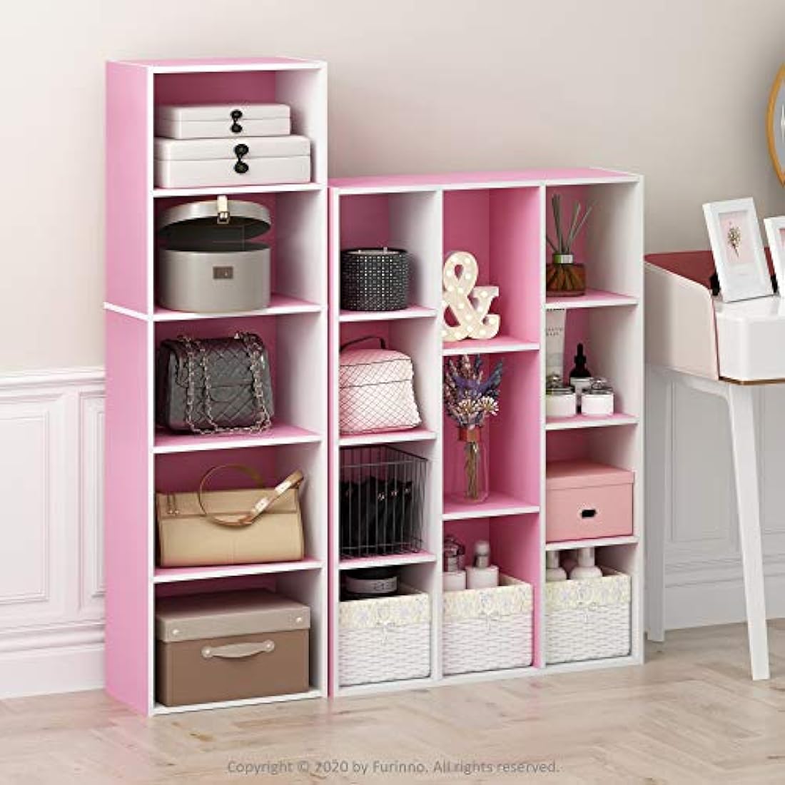Furinno Luder 5-Tier Reversible Color Open Shelf Bookcase, White/Pink